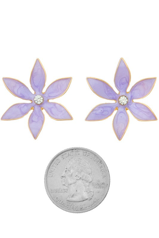 Enamel Flower Post Earrings With Stone Accent