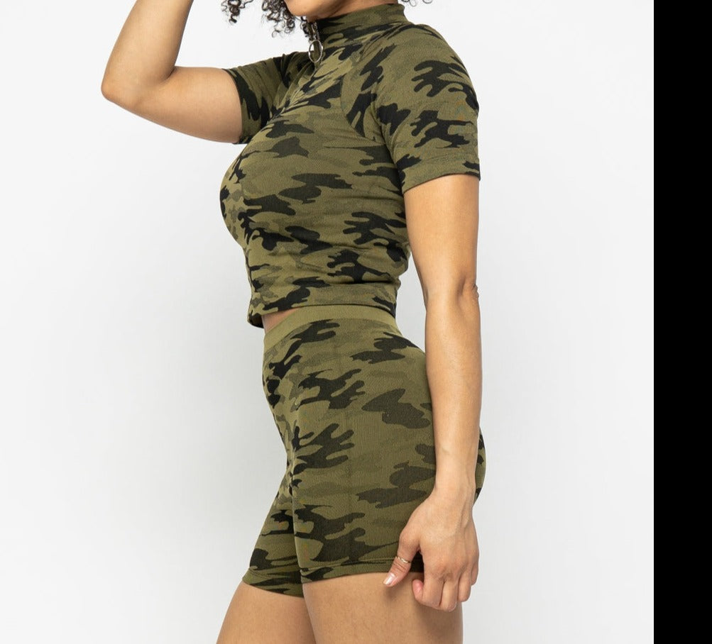 Seamless Camo Zipper Top Short Set